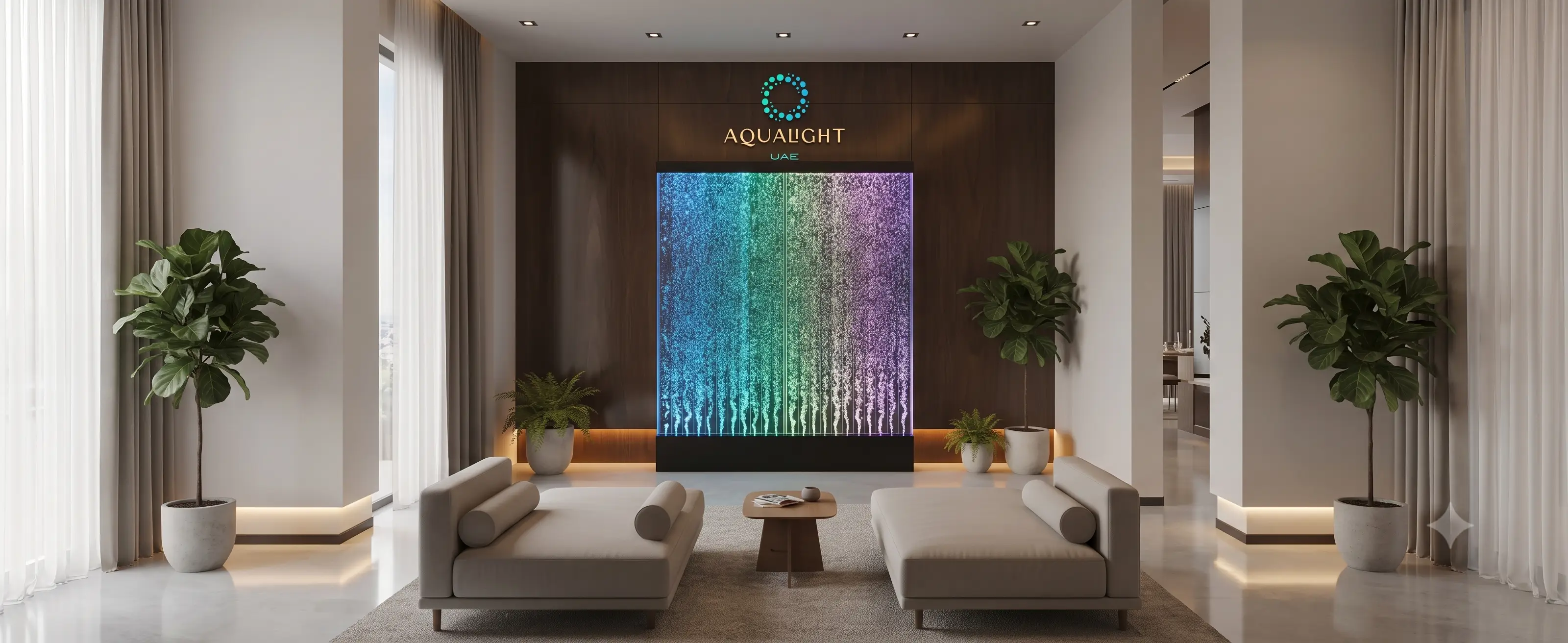 Modern restaurant interior featuring Aqualight LED bubble walls with vibrant blue lighting