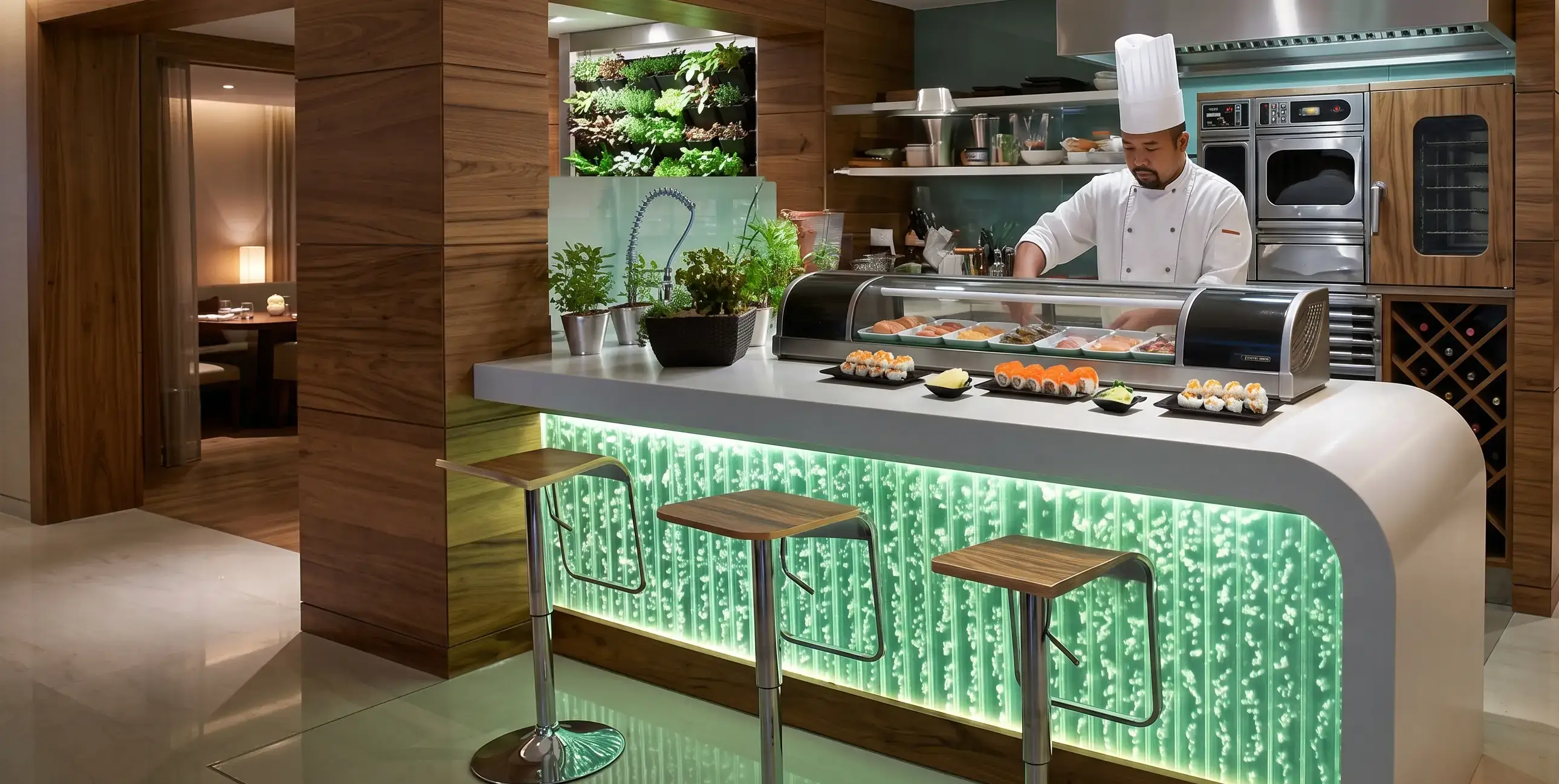 Modern restaurant interior featuring Aqualight LED bubble walls with vibrant blue lighting