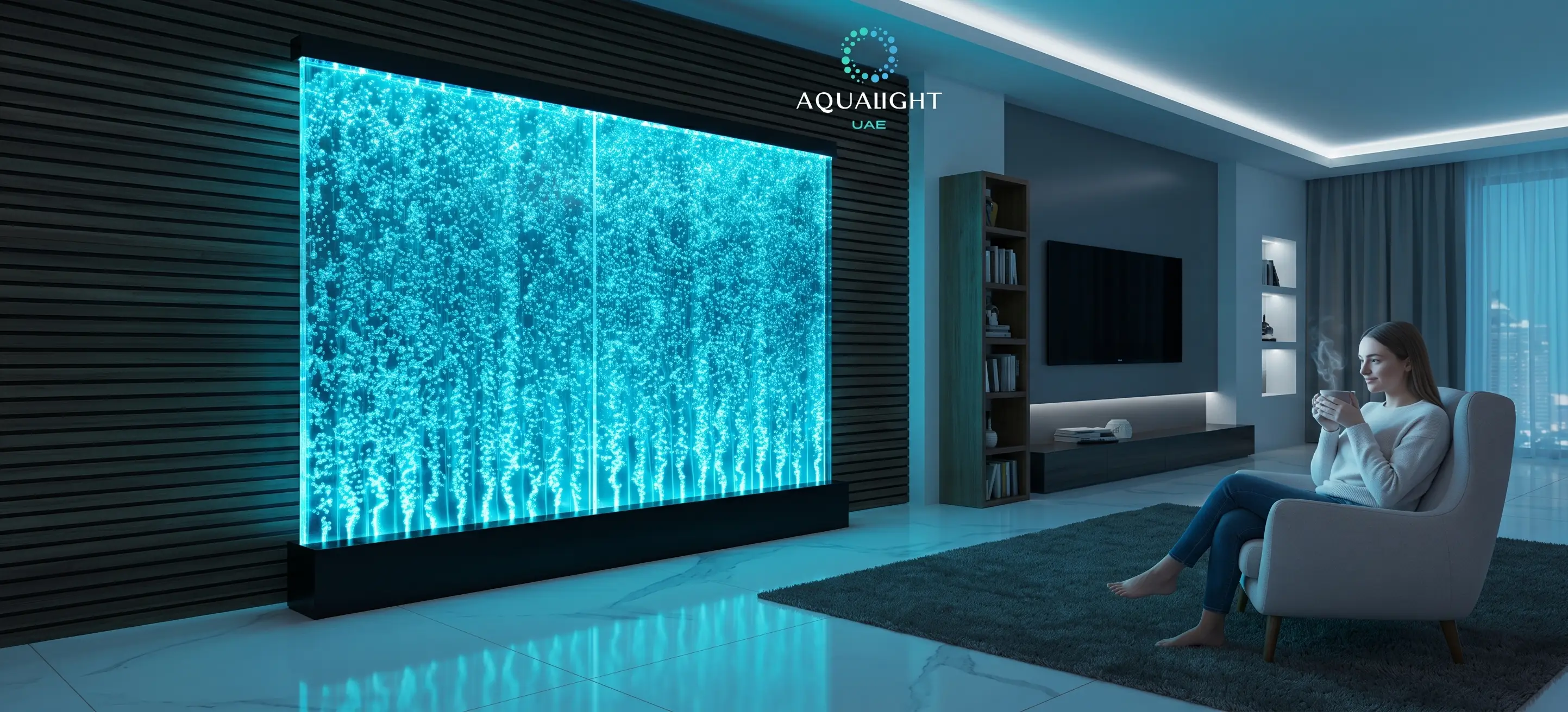Modern living room interior featuring Aqualight LED bubble walls with vibrant blue lighting