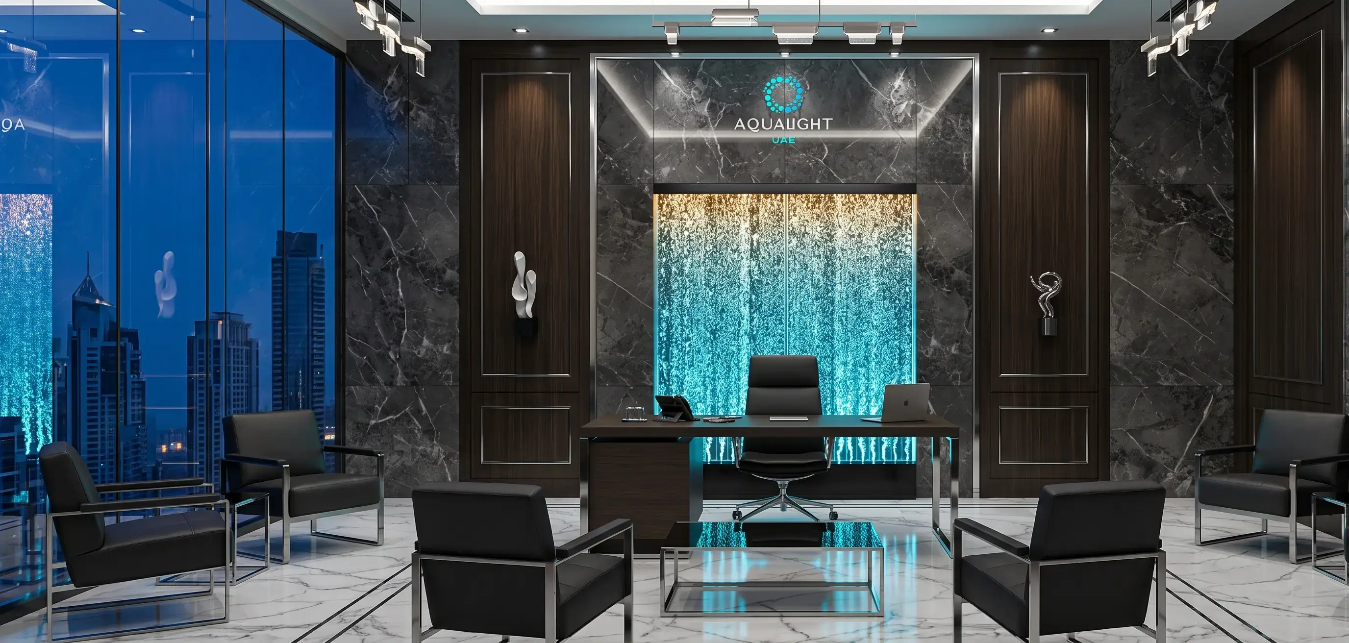 Modern restaurant interior featuring Aqualight LED bubble walls with vibrant blue lighting